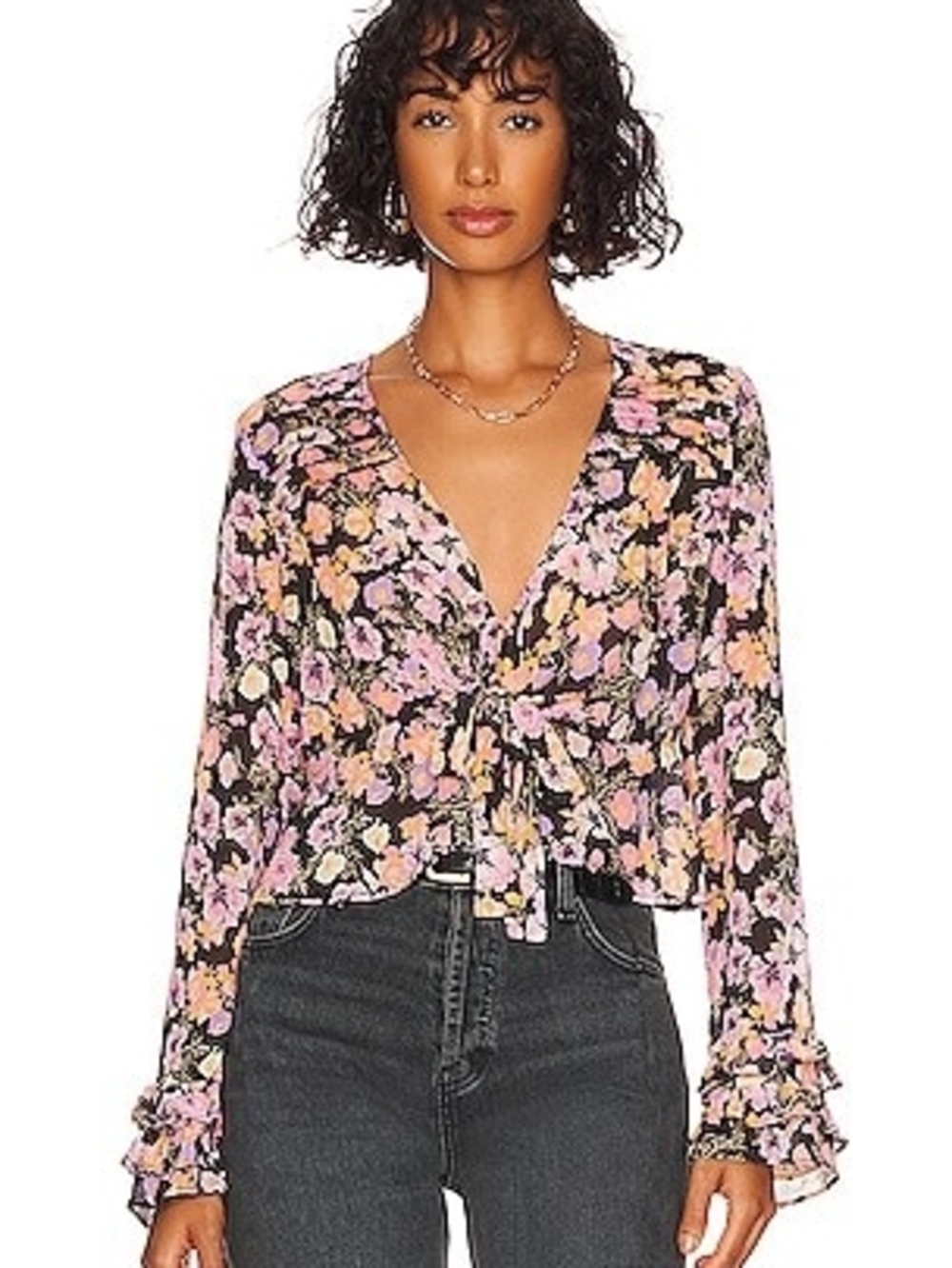 Free People Maybel Black Floral Tie-Front V-Neck Blouse Sz XS